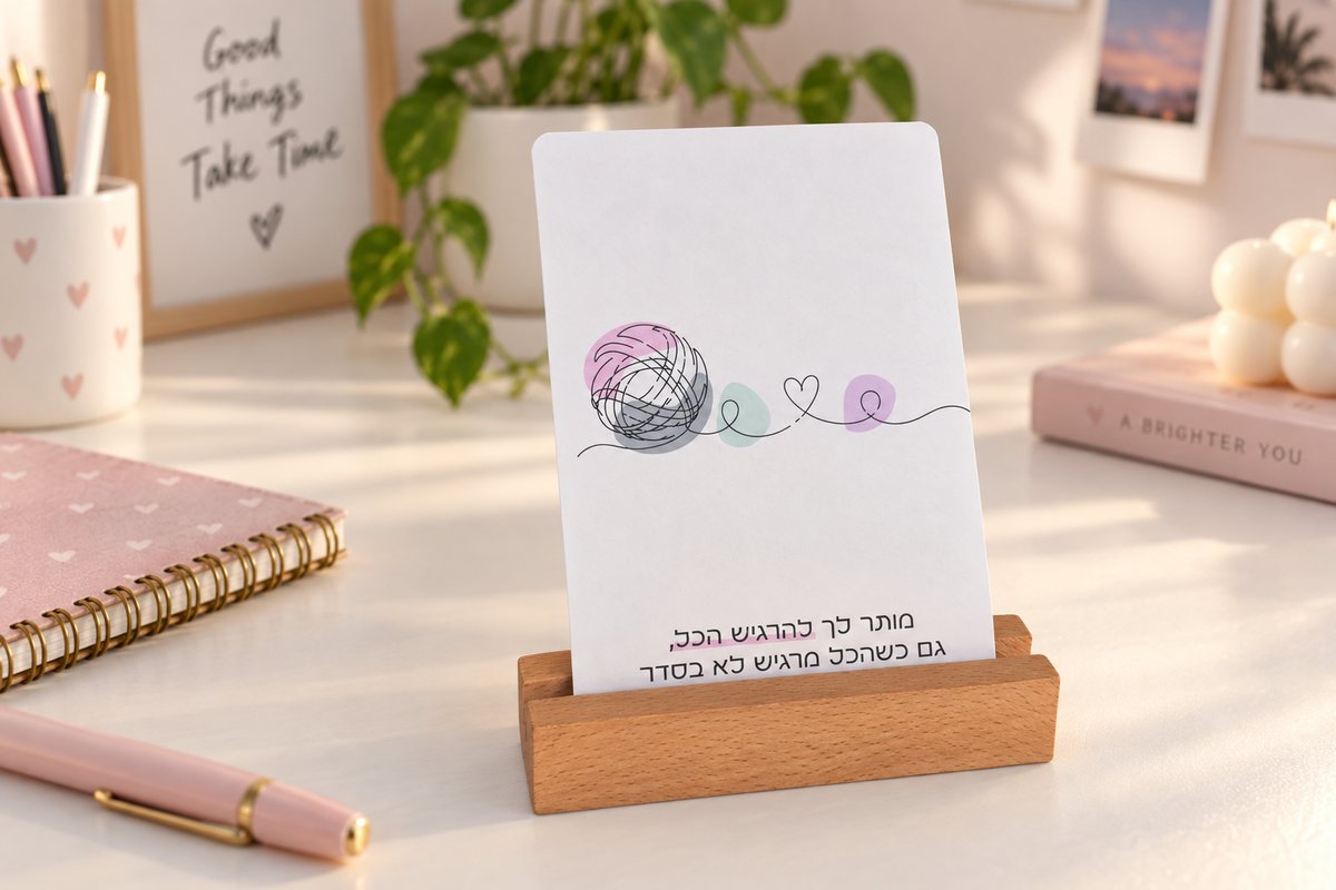 גלויה על מעמד עץ על שולחן, לצד מחברת ועט ורודים
